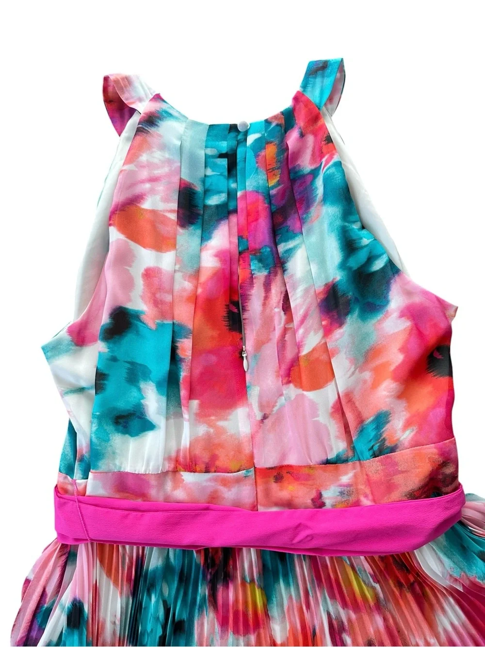 Eliza J Watercolor Floral Pleated Maxi Dress Pink Sash Halter 16W Plus - Picture 13 of 16